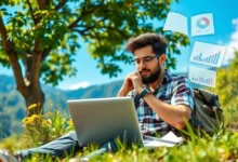 Elementos da vida de um nômade digital, representando trabalho remoto e liberdade.