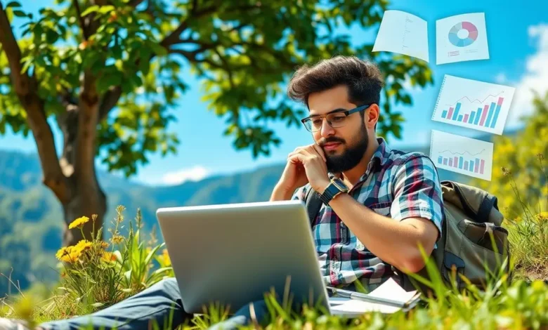 7 Estratégias de Gestão Estratégica para Nômades Digitais Aumentarem Seus Lucros - Web Nômade Digital Elementos da vida de um nômade digital, representando trabalho remoto e liberdade.