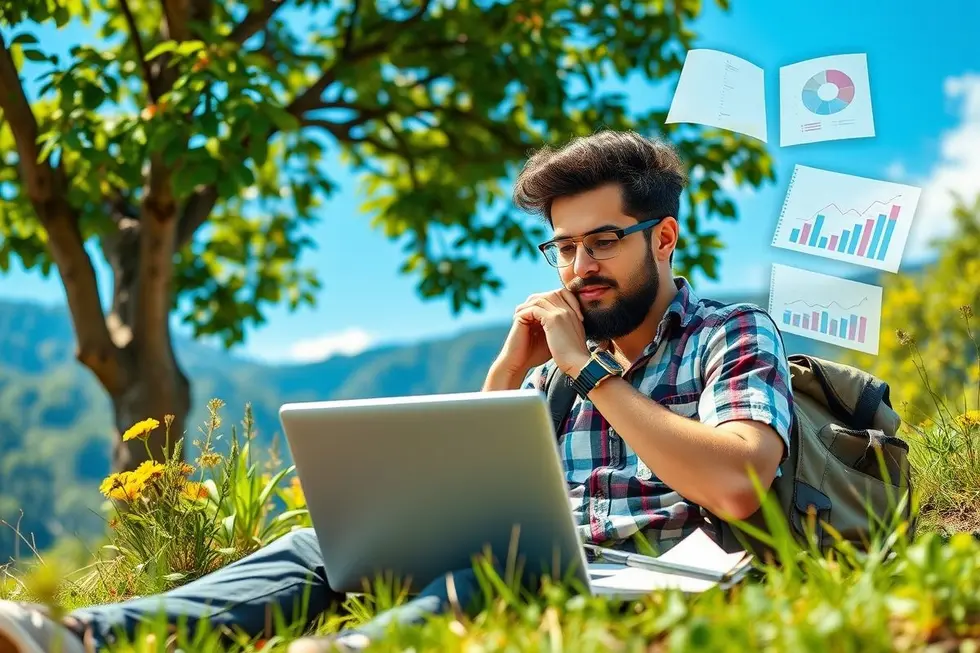 7 Estratégias de Gestão Estratégica para Nômades Digitais Aumentarem Seus Lucros - Web Nômade Digital Elementos da vida de um nômade digital, representando trabalho remoto e liberdade.