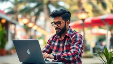 Nômade digital usando um laptop em um ambiente inspirador.
