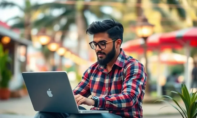 Nômade digital usando um laptop em um ambiente inspirador.