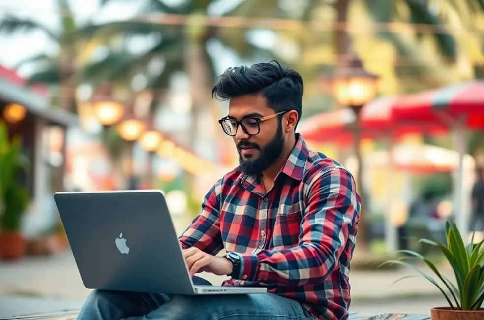 Nômade digital usando um laptop em um ambiente inspirador.