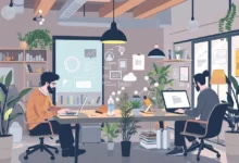 Nômades digitais colaborando em um espaço de trabalho criativo.