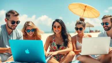 Grupo de nômades digitais trabalhando em seus laptops em uma praia ensolarada.