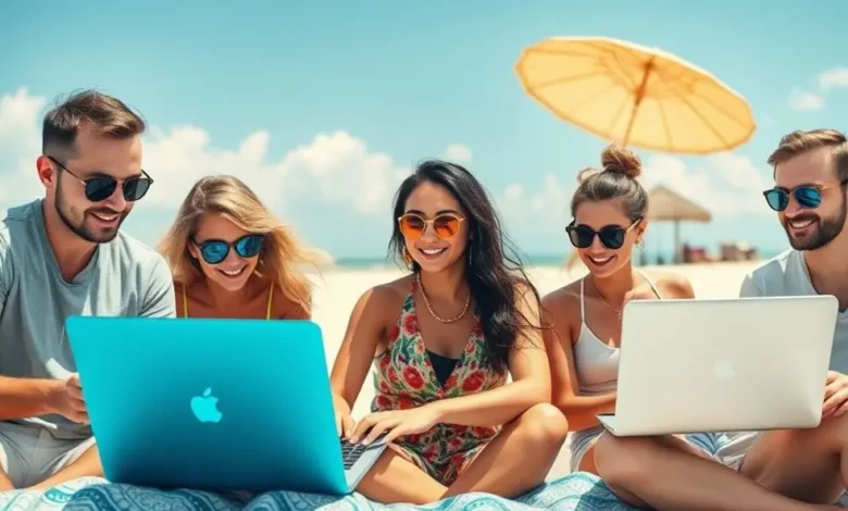 Grupo de nômades digitais trabalhando em seus laptops em uma praia ensolarada.