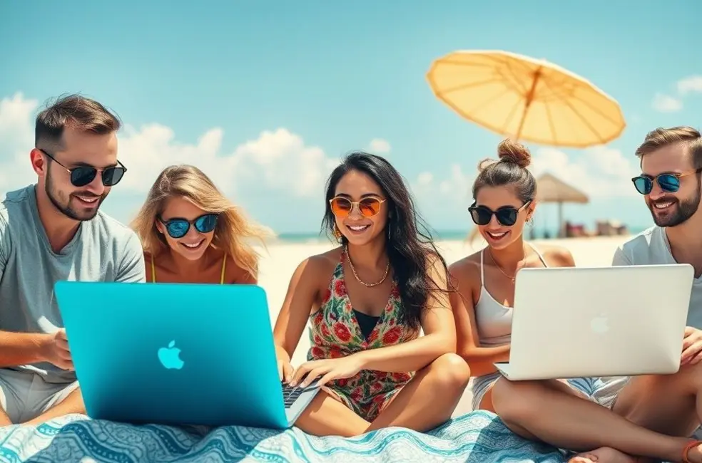 Grupo de nômades digitais trabalhando em seus laptops em uma praia ensolarada.