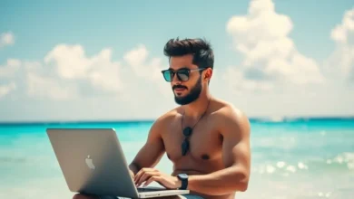Empreendedor digital trabalhando em um laptop na praia.
