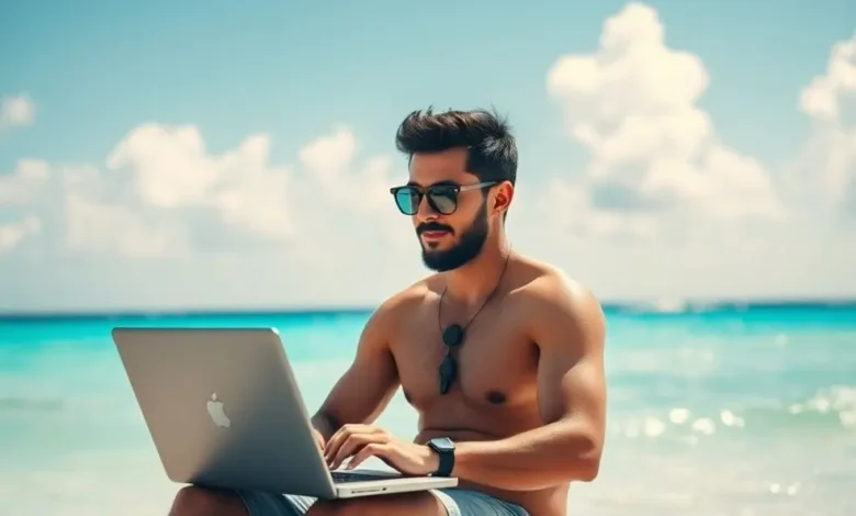 Empreendedor digital trabalhando em um laptop na praia.