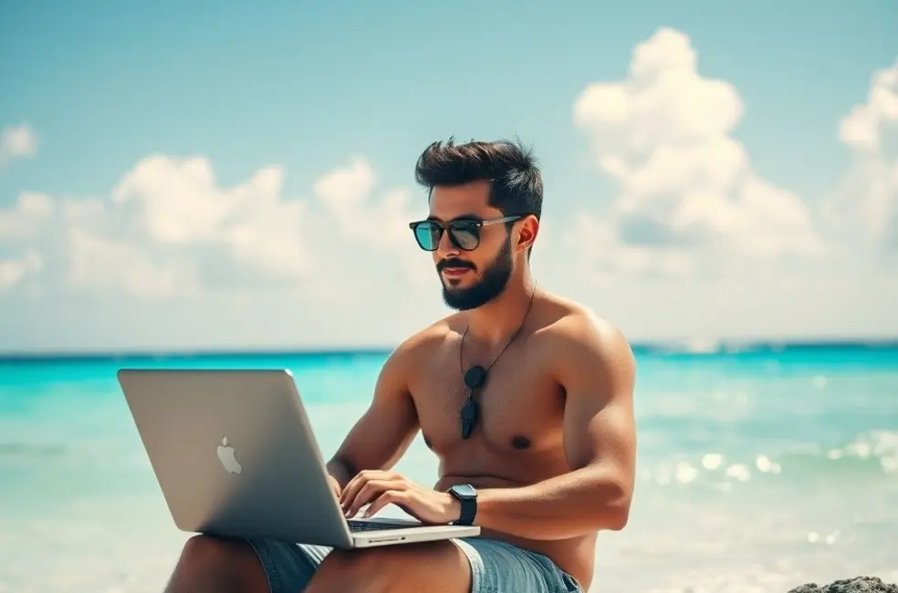 Empreendedor digital trabalhando em um laptop na praia.