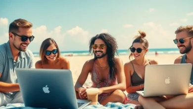 Grupo diversificado de nômades digitais trabalhando em uma praia ensolarada, simbolizando liberdade e empreendedorismo.