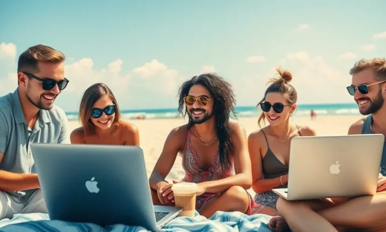 Desmistificando o Empreendedorismo: 7 Mitos e Verdades que Todo Nômade Digital Deve Conhecer - Web Nômade Digital Grupo diversificado de nômades digitais trabalhando em uma praia ensolarada, simbolizando liberdade e empreendedorismo.