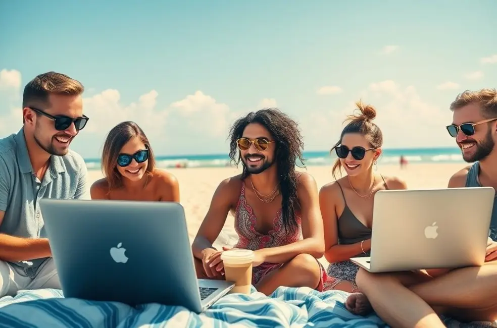 Grupo diversificado de nômades digitais trabalhando em uma praia ensolarada, simbolizando liberdade e empreendedorismo.