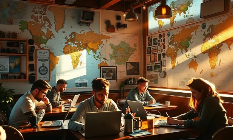 Nômades digitais colaborando em um ambiente de café