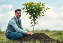 Empreendedor praticando sustentabilidade ao plantar uma árvore.