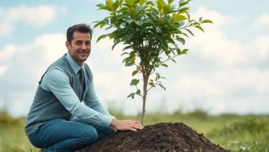 Empreendedor praticando sustentabilidade ao plantar uma árvore.