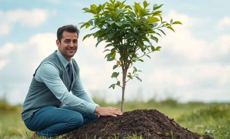 Empreendedor praticando sustentabilidade ao plantar uma árvore.