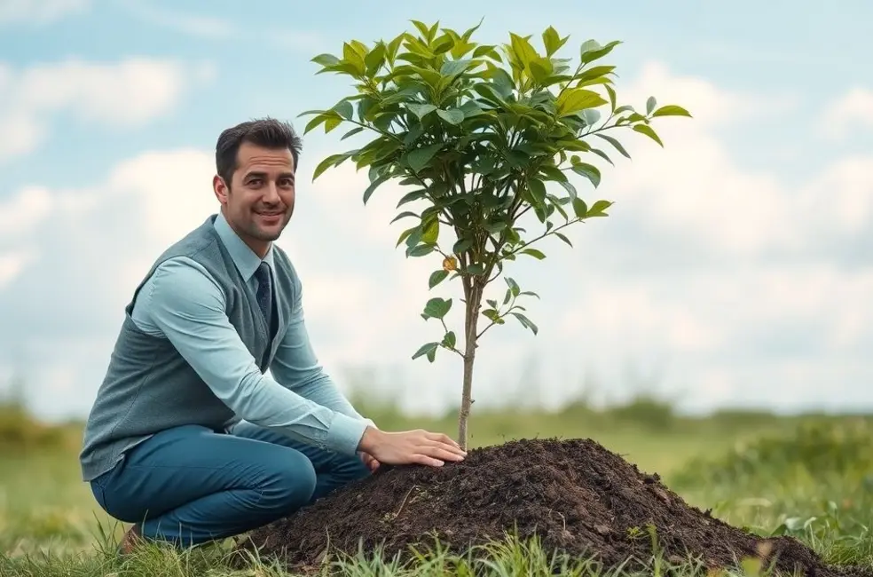 Empreendedor praticando sustentabilidade ao plantar uma árvore.