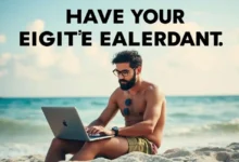 Nômade digital trabalhando em um laptop na praia.
