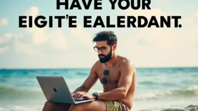 Nômade digital trabalhando em um laptop na praia.