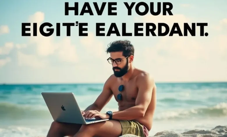Nômade digital trabalhando em um laptop na praia.