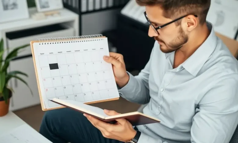 Empreendedor organizando sua agenda com um calendário e bloco de notas.
