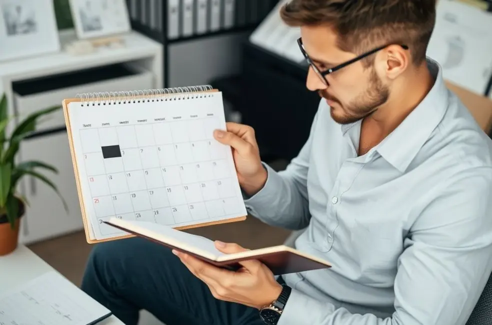 Empreendedor organizando sua agenda com um calendário e bloco de notas.
