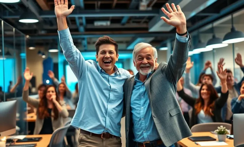 10 Estratégias Infalíveis para Aumentar a Lucratividade do Seu Negócio - Web Nômade Digital Empreendedor celebrando sucesso financeiro com sua equipe.