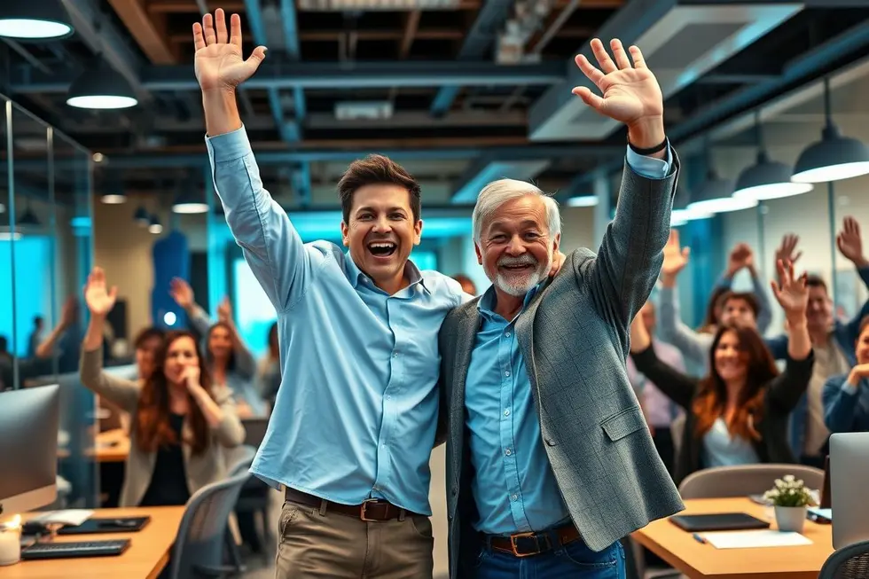Empreendedor celebrando sucesso financeiro com sua equipe.
