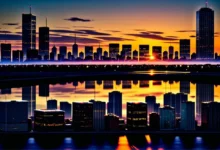 Empreendedor pensativo observando a cidade ao pôr do sol