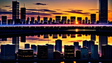 Empreendedor pensativo observando a cidade ao pôr do sol