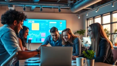 Grupo de empreendedores colaborando em um ambiente moderno e inspirador
