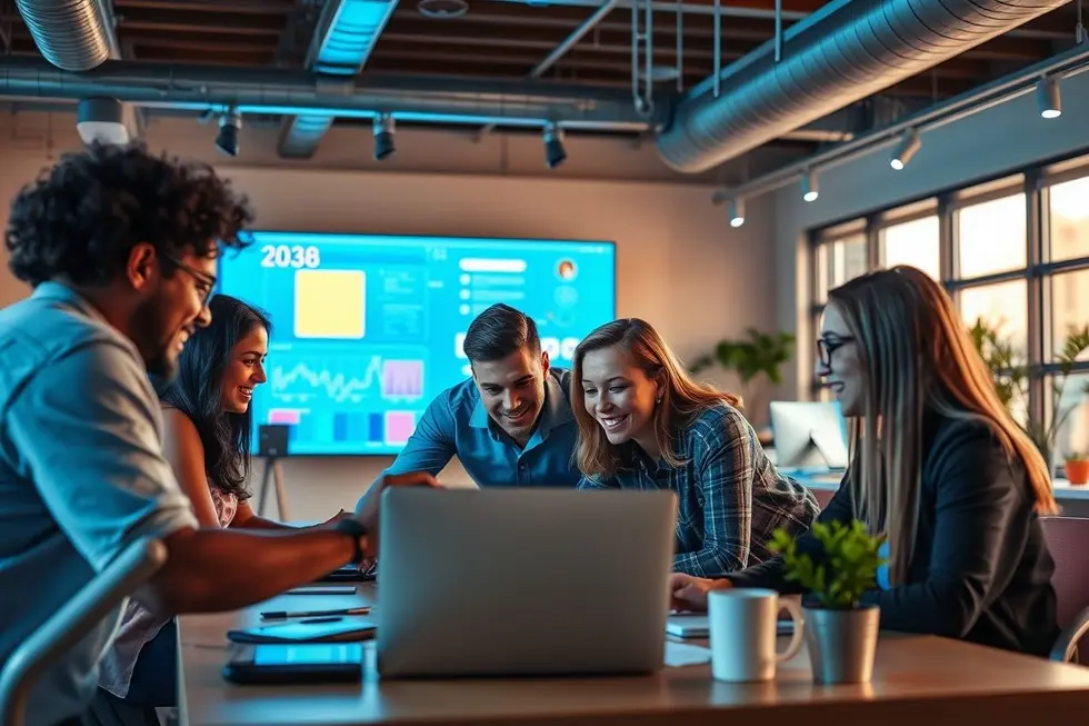 Grupo de empreendedores colaborando em um ambiente moderno e inspirador