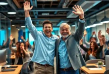 Grupo diversificado de empreendedores celebrando o sucesso no escritório.