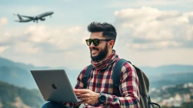 Estilo de vida de nômade digital com tecnologia e viagem.