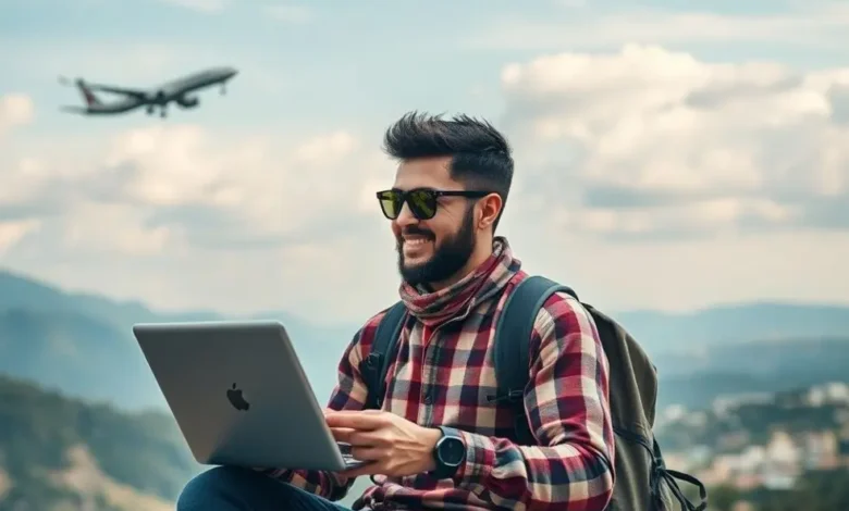 7 Estratégias de Gestão Estratégica para Nômades Digitais Aumentarem seus Lucros - Web Nômade Digital Estilo de vida de nômade digital com tecnologia e viagem.