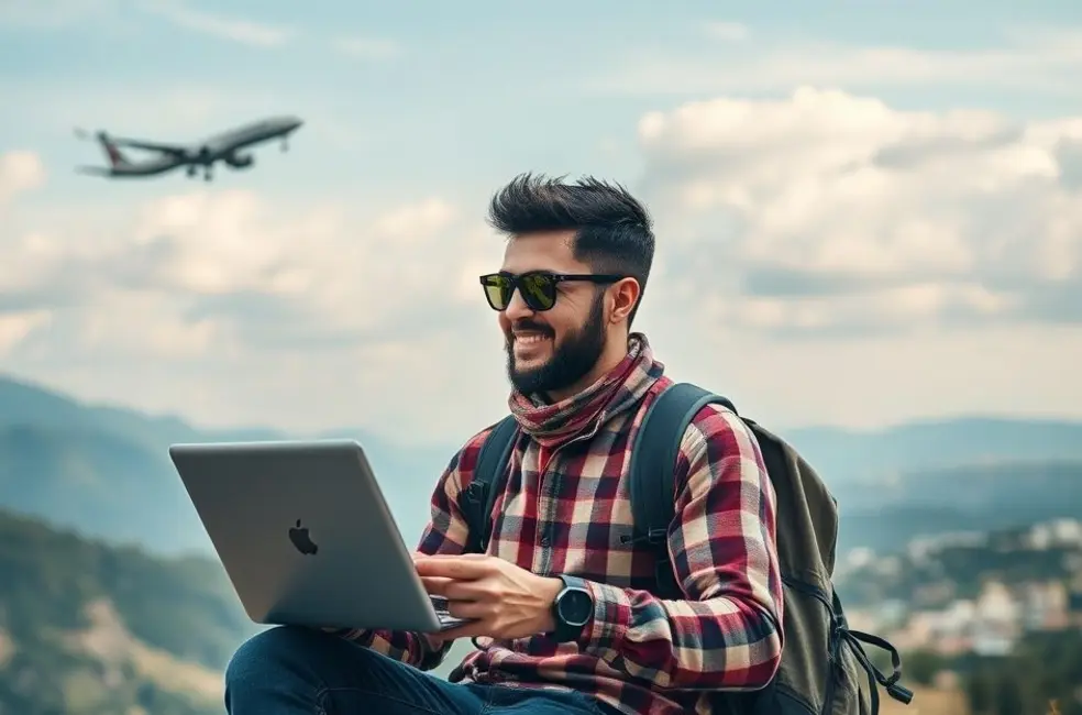 Estilo de vida de nômade digital com tecnologia e viagem.