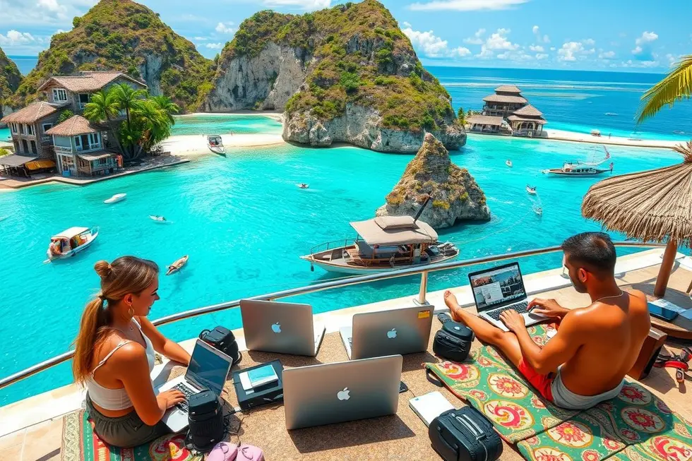 Uma colagem de empreendedores diversos trabalhando em diferentes lugares ao redor do mundo, refletindo a liberdade do estilo de vida de nômade digital.