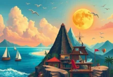 Uma ilustração vibrante do estilo de vida nômade digital, mostrando diversos locais de trabalho ao redor do mundo.