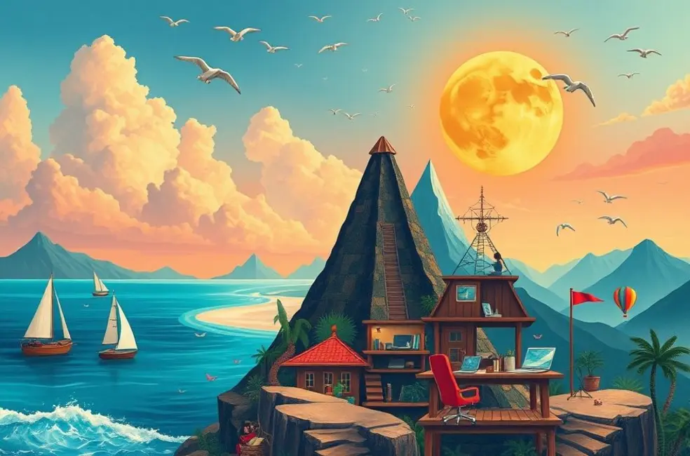 Uma ilustração vibrante do estilo de vida nômade digital, mostrando diversos locais de trabalho ao redor do mundo.