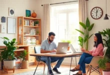 Freelancer trabalhando em um escritório ensolarado rodeado de clientes satisfeitos.