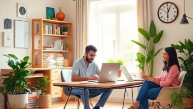 Freelancer trabalhando em um escritório ensolarado rodeado de clientes satisfeitos.