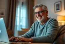 Freelancer trabalhando feliz em um escritório sobre uma mesa organizada.