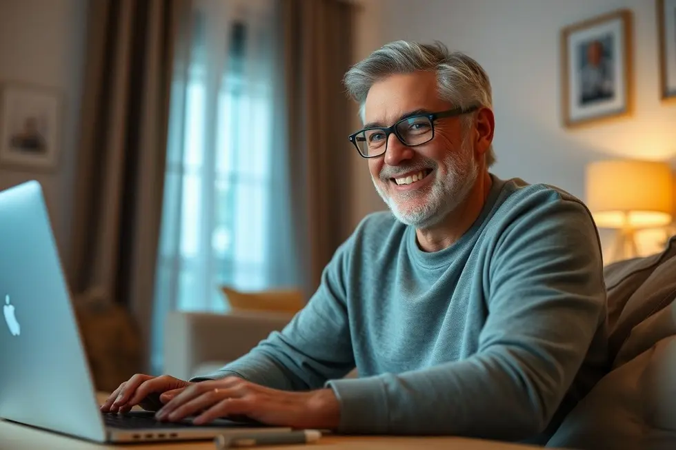 Freelancer trabalhando feliz em um escritório sobre uma mesa organizada.