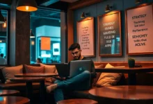 Cena inspiradora de um nômade digital trabalhando em um café com gráficos de sucesso.