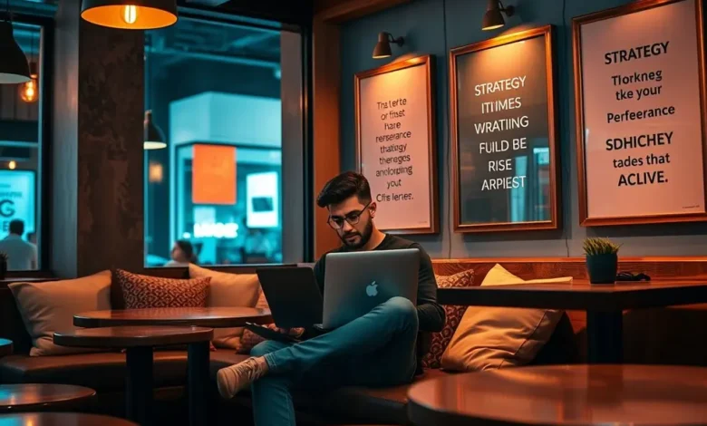 7 Estratégias de Gestão Estratégica para Aumentar Seus Lucros - Web Nômade Digital Cena inspiradora de um nômade digital trabalhando em um café com gráficos de sucesso.