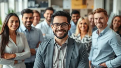 Empreendedor em um ambiente de escritório ocupado com clientes felizes