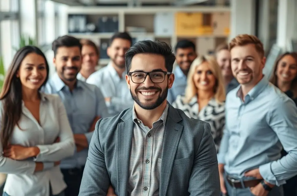 Empreendedor em um ambiente de escritório ocupado com clientes felizes
