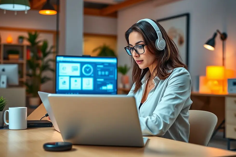 Empreendedor confiante utilizando ferramentas digitais para otimizar os lucros
