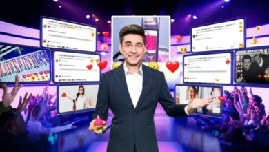 Evento de live de vendas com apresentador e público entusiasmado.