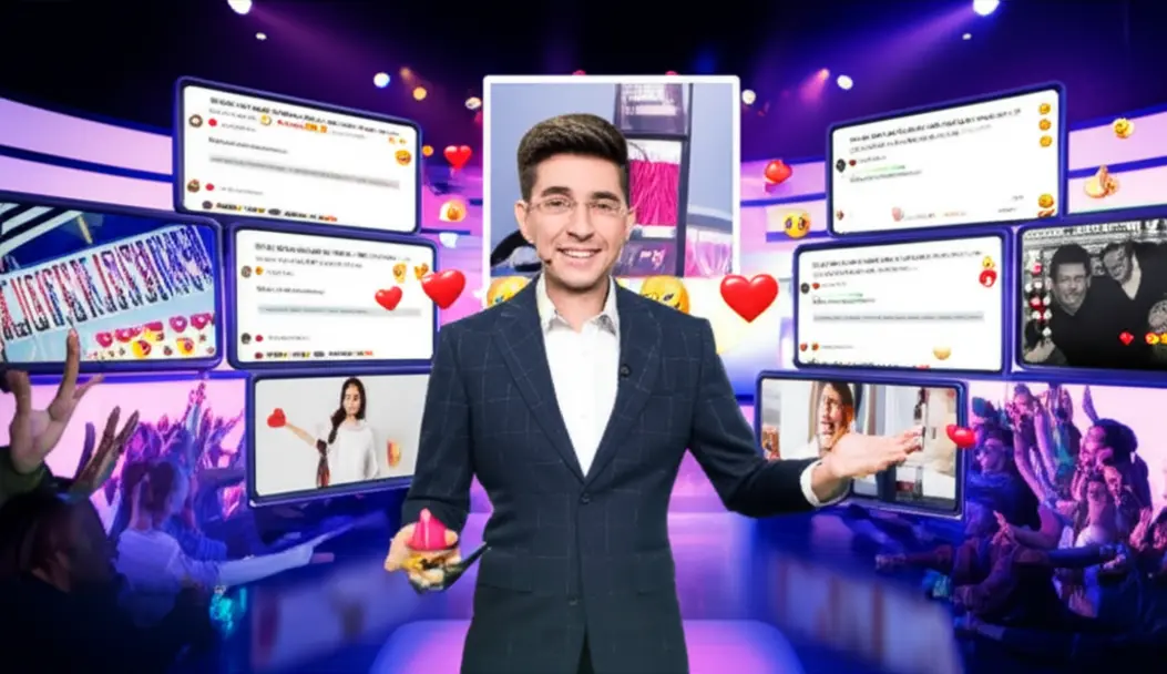 Evento de live de vendas com apresentador e público entusiasmado.